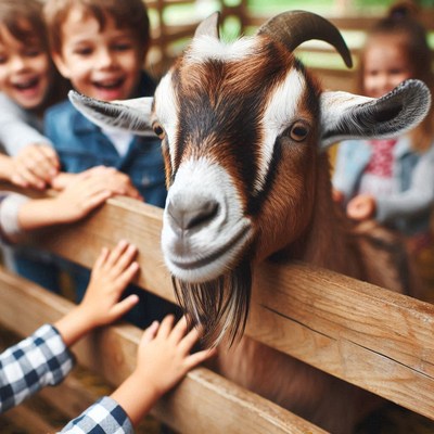 A goat gazes at kids through a wooden fence