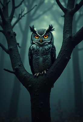 An owl perches on a tree branch in a foggy forest