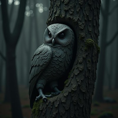 A black owl perches on a tree in a dark forest