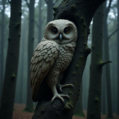 A gray owl perched on a tree in a dark forest