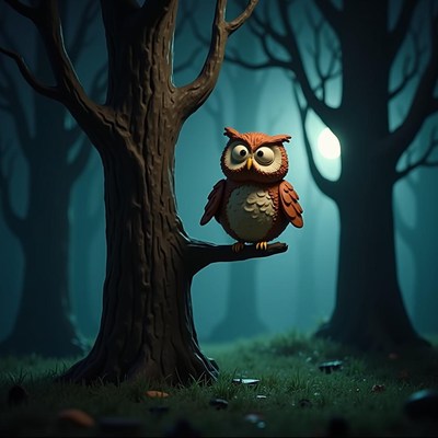 A cartoon owl perches on a branch in a dark forest