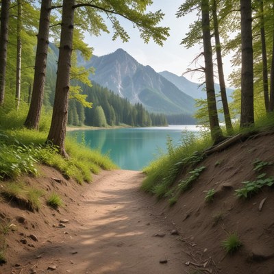 A path leads to a tranquil lake surrounded by mountains