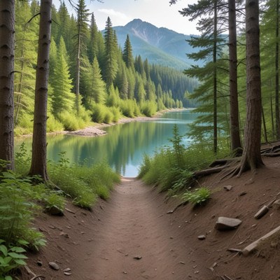 A path leads to a serene lake in the forest