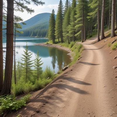 A winding path leads through a forest by a lake