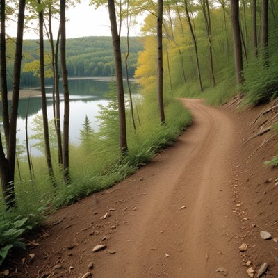 A winding dirt road leads through a forest towards a lake