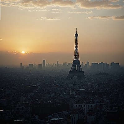 The eiffel tower stands tall against the sunrise in paris