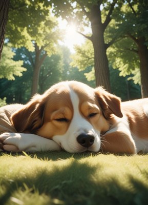 A dog naps peacefully in the grass on a sunny day