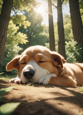 Dog naps peacefully in forest shade on a sunny day