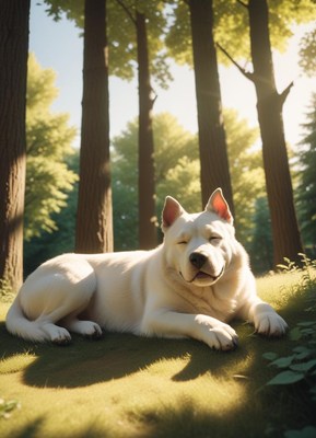 A white dog naps in the sunlight, surrounded by trees