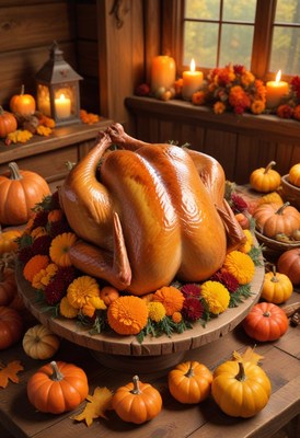Roasted turkey on table with pumpkins and flowers