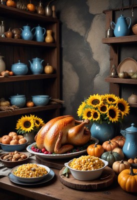 Turkey on the table with sides and sunflowers