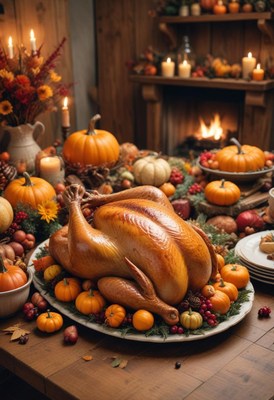 Roasted turkey with pumpkins, berries, and greens