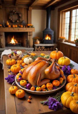A roasted turkey sits on a table with pumpkins and flowers