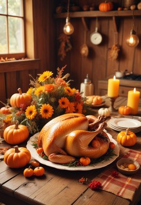 A roasted turkey sits on a table with pumpkins and flowers