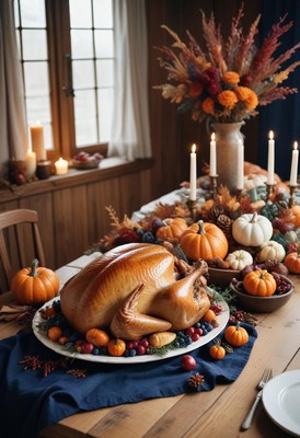 Roasted turkey on a table with pumpkins and candles
