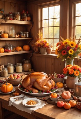 Roasted turkey awaits in a rustic kitchen