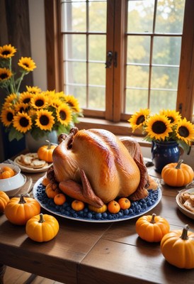 Turkey on a table with pumpkins and sunflowers