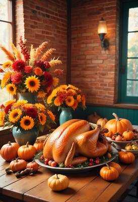 Roasted turkey on a table with pumpkins and flowers