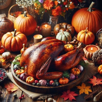 Roasted turkey with pumpkins and fall decor