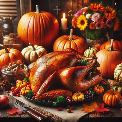 Turkey on a table with pumpkins and fall decor
