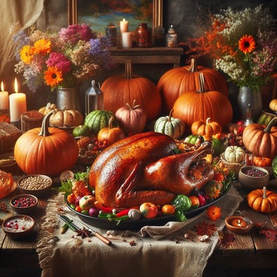Roasted turkey with pumpkins for thanksgiving