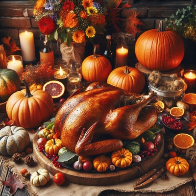 Turkey on a table with pumpkins for thanksgiving
