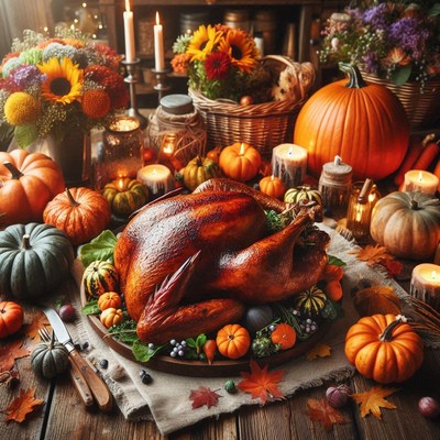 Turkey on table with pumpkins and fall decor