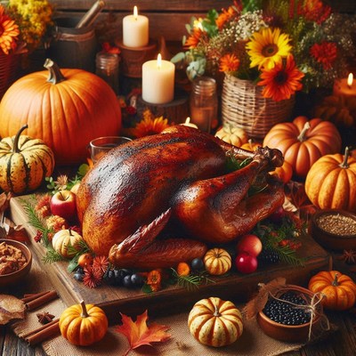 A roasted turkey is the centerpiece of a thanksgiving table