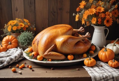 Roasted turkey on a platter with pumpkins and leaves