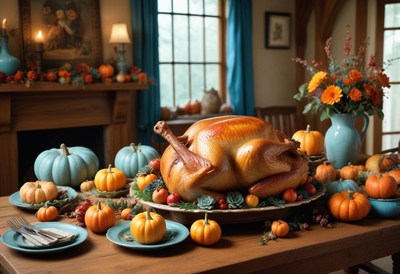 A roasted turkey sits on a table with pumpkins