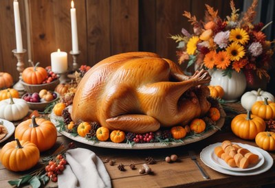Roasted turkey awaits on the thanksgiving table