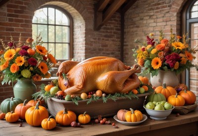 Turkey on a table with pumpkins for thanksgiving