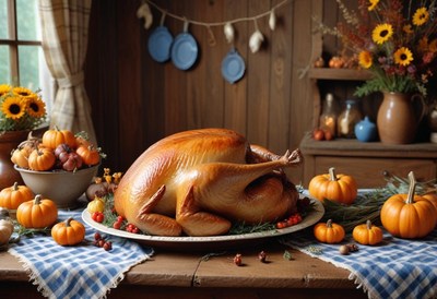 Roasted turkey on a blue table with pumpkins