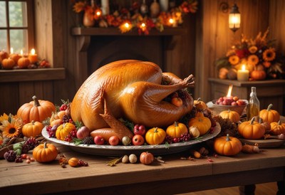 Roasted turkey on a table with autumn decor