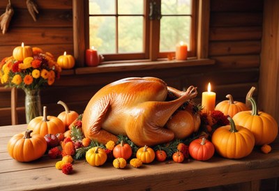A roasted turkey sits on a table with pumpkins and a candle