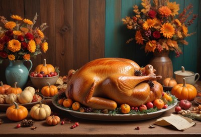 Roasted turkey with pumpkins and fall decor