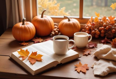 A cozy fall scene with pumpkins, coffee, and a book