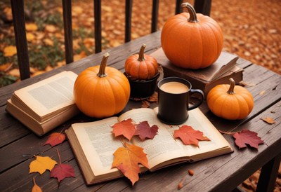 Pumpkins and leaves adorn a table with coffee