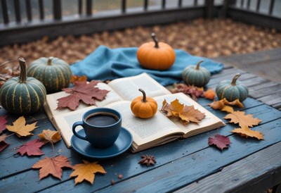 A cozy fall scene with a book, coffee, and pumpkins