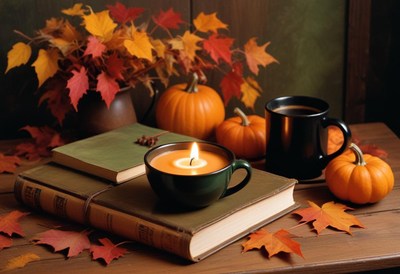 A lit candle sits in a mug on top of a book