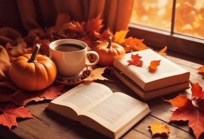 A cozy fall scene with a cup of coffee, pumpkins, and books