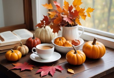 A cozy autumn scene with pumpkins, leaves, and coffee