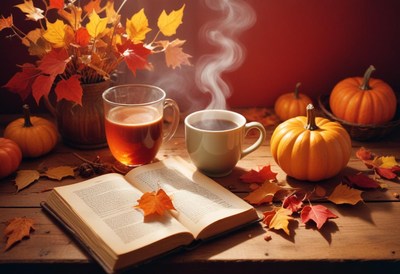 A cozy autumn scene with steaming drinks and a book