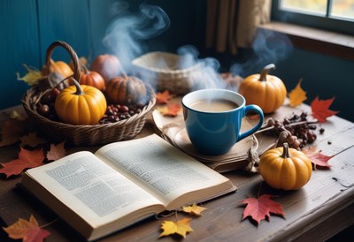 A warm drink and an open book on a fall afternoon