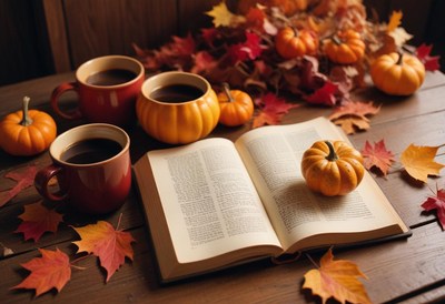 Coffee, pumpkins, and an open book on a fall day