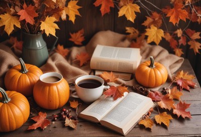 Pumpkins and coffee on a fall day