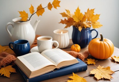 An open book sits on a wooden table surrounded by fall decor