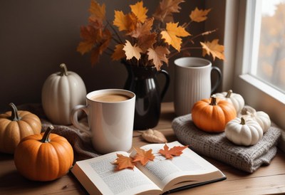 A cozy fall scene with pumpkins, a book, and coffee