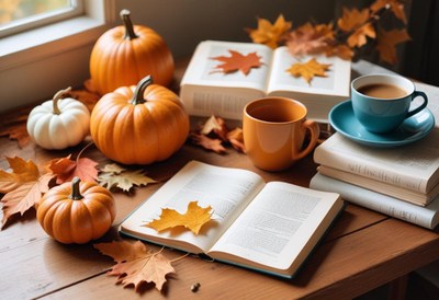 Pumpkins, books, and tea make for a cozy autumn afternoon