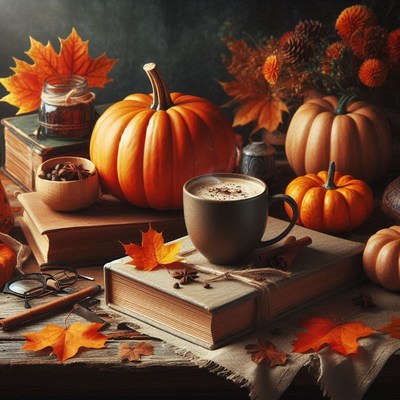 A steaming cup of coffee sits on a book with fall decor